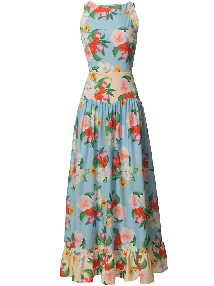 Blue Floral Open Back Dress OPARI